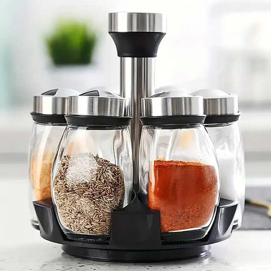 360° Rotating Single & Double-Layer Spice Storage Rack Tower Set with 6/12 Glass Spice Jars for Kitchen Cabinet & Countertop Organization