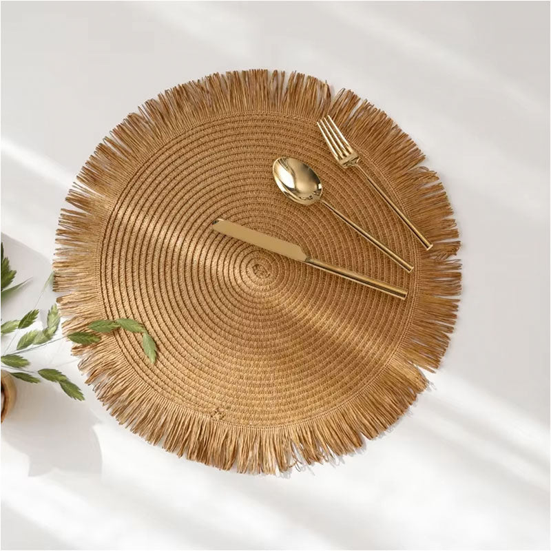 (38 CM) Round Braided Fringe Placemats – Hand-Woven Non-Slip Table Mats & Heat-Insulated Tea Cup Pads for Dining Table Decor