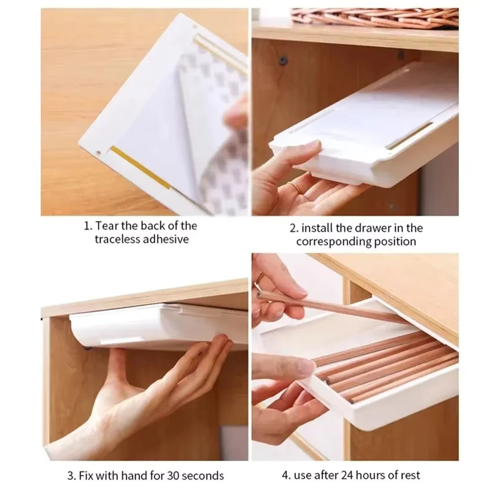 Hidden Under-Desk Storage Drawer – Self-Adhesive Slide-Out Organizer – Plastic Stationery & Cosmetics Tray for Home Office – Simple Sundries Holder (Gray/White)