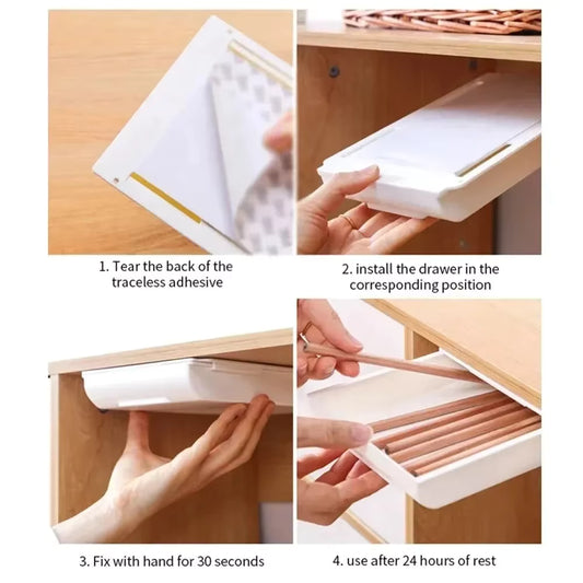 Hidden Under-Desk Storage Drawer – Self-Adhesive Slide-Out Organizer – Plastic Stationery & Cosmetics Tray for Home Office – Simple Sundries Holder (Gray/White)