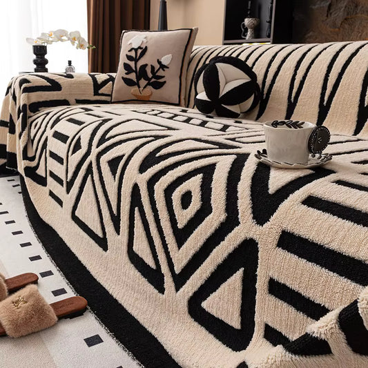 Bohemian Vintage Sofa Protector – Luxurious Interlaced Sofa Blanket – Anti-Slip Pet-Friendly Couch Cover (Dark Gray/White/Light Gray)