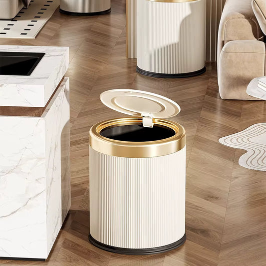 Retro Luxury Step Trash Can –12L Soft-Close Garbage Bin with Gold Trim – Vintage Style Plastic Wastebasket with Pressure Ring for Bathroom & Bedroom (White/Black)