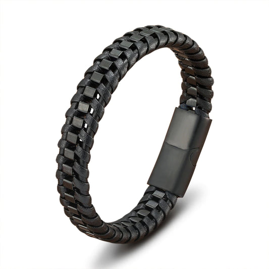 Braided Rope Woven Black Leather Men Bracelet (EGBT108)