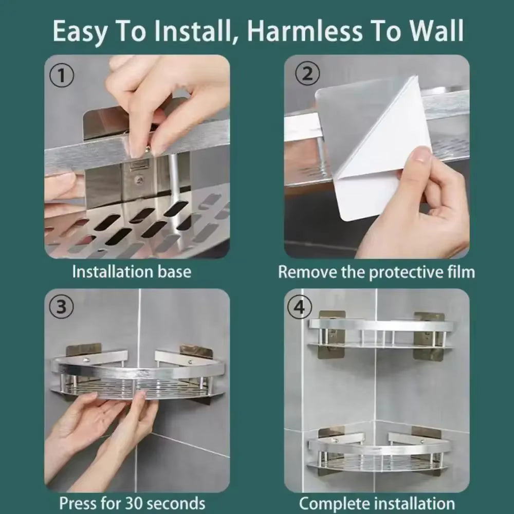 Étagère de Douche d'Angle à Tension en Acier Inoxydable – Organiseur de Salle de Bain Mural pour Articles de Toilette et Accessoires