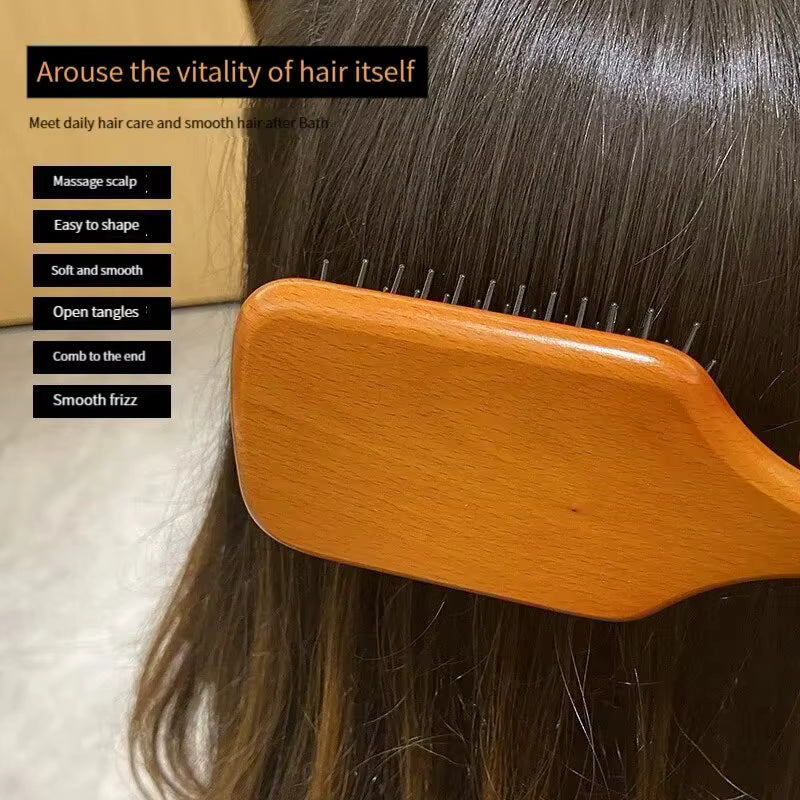 Peigne de massage en bois haut de gamme avec airbag – Brosse plate antistatique à grande planche – Outil de soin du cuir chevelu et de prévention de la chute des cheveux pour cheveux bouclés et longs