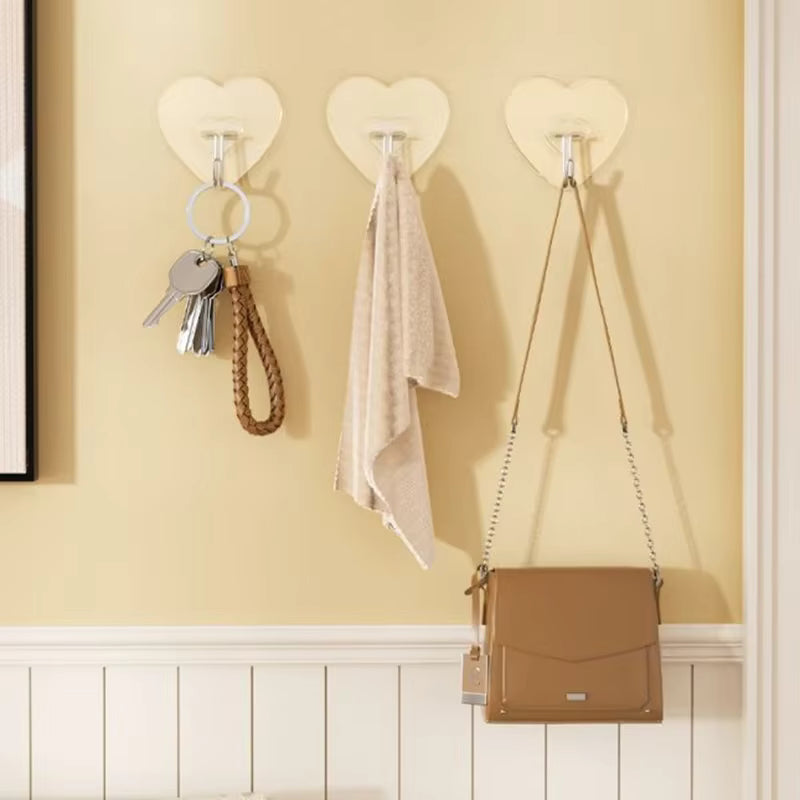 Heart-Shaped Transparent Hooks – Self-Adhesive "Love" Wall Hangers – Non-Punching Plastic Hooks for Keys, Towels, and Jewelry – Multi-Purpose Decorative Storage