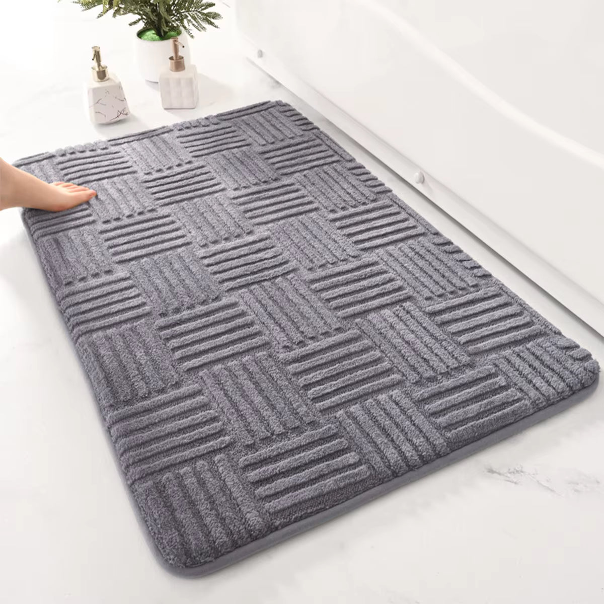 Tapis de sol absorbant épais à rayures – Tapis de salle de bain en velours de coton de couleur unie – Tapis de luxe antidérapant pour chambre et entrée (gris/blanc)