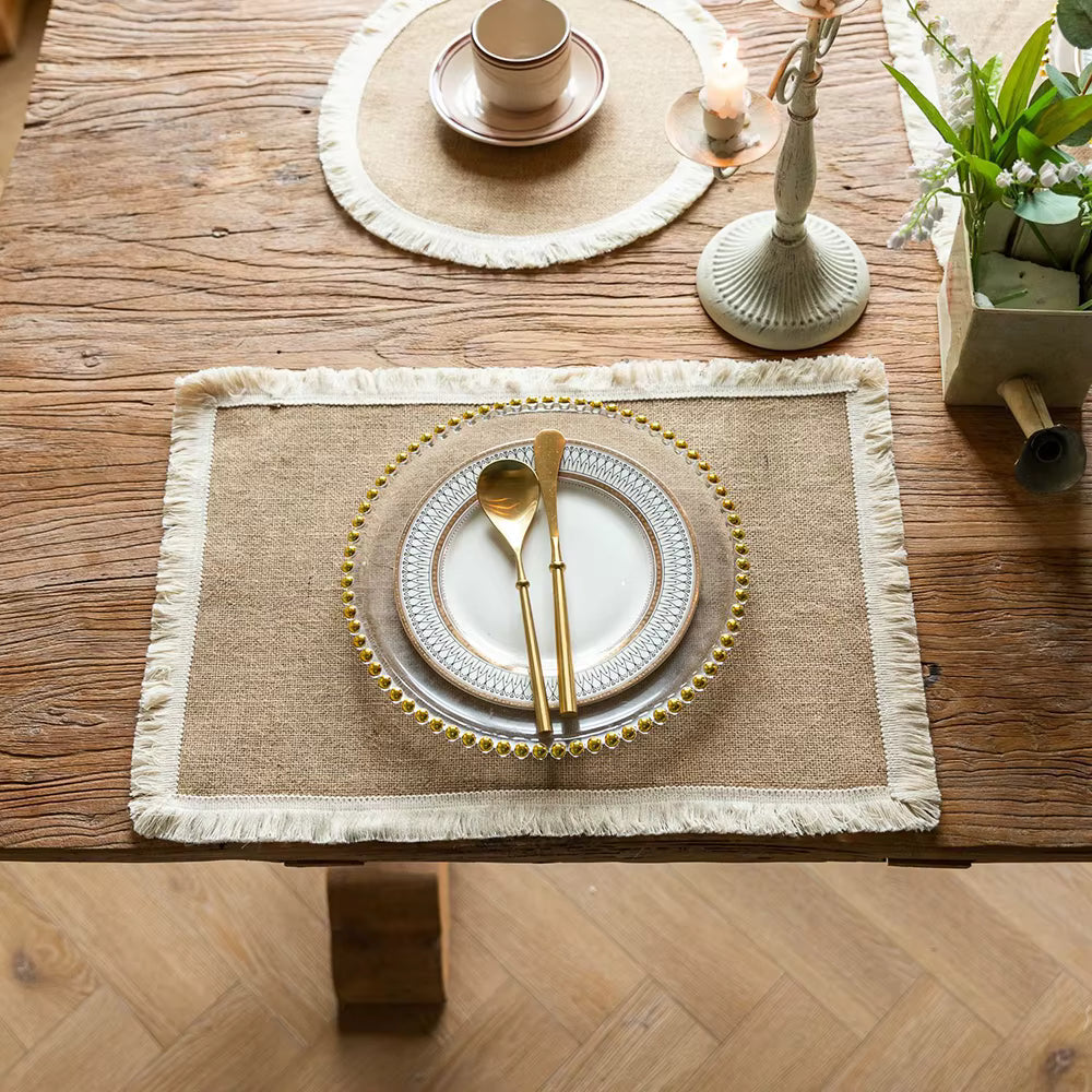 Sets de table tissés en jute | Napperons tressés rustiques en jute naturelle avec bordure en dentelle | Décoration de table de ferme pour les fêtes et les repas quotidiens