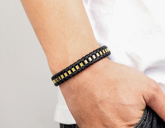 Braided Rope Woven Black Leather Men Bracelet (EGBT108)