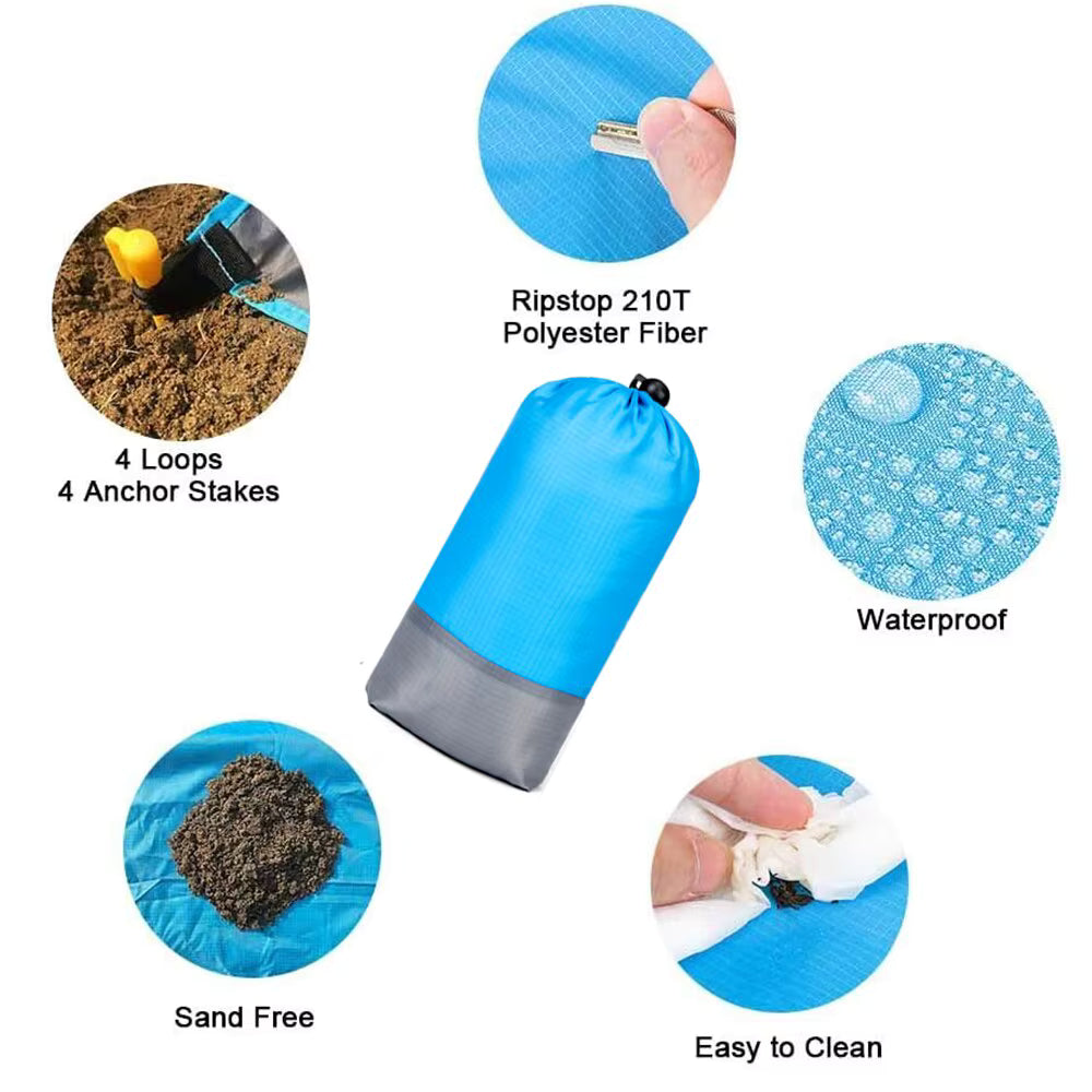 [140*200CM] Couverture de plage anti-sable – Tapis de pique-nique extérieur imperméable à séchage rapide – Plusieurs tailles avec 4 piquets d'ancrage pour les voyages, le camping et la randonnée (Bleu/Vert/Orange/Rose)