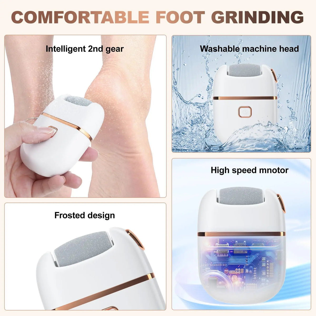 Electric Foot File & Callus Remover – Rechargeable Pedicure Tool with 2 Speeds & 3 Roller Heads for Smooth Feet