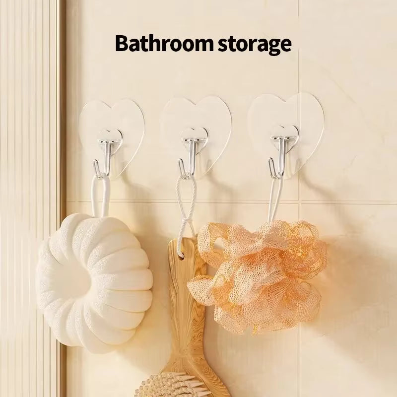 Heart-Shaped Transparent Hooks – Self-Adhesive "Love" Wall Hangers – Non-Punching Plastic Hooks for Keys, Towels, and Jewelry – Multi-Purpose Decorative Storage