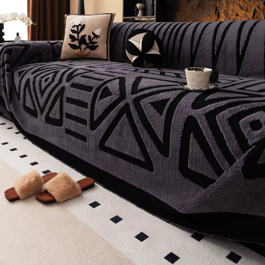 Bohemian Vintage Sofa Protector – Luxurious Interlaced Sofa Blanket – Anti-Slip Pet-Friendly Couch Cover (Dark Gray/White/Light Gray)