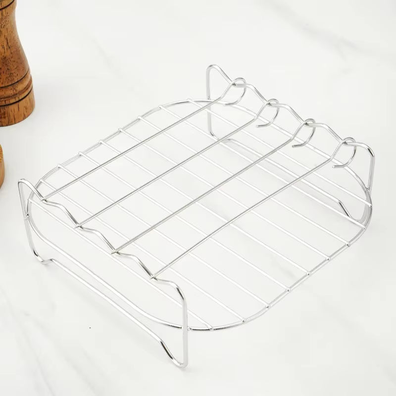 [17cm x 17cm x 7cm] Kit de grille carrée polyvalente pour friteuse à air – Support de barbecue en acier inoxydable avec brochettes – Grille polyvalente pour cuiseur vapeur et déshydrateur pour barbecue extérieur et cuisine