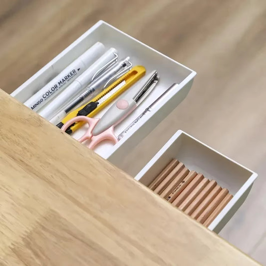 Hidden Under-Desk Storage Drawer – Self-Adhesive Slide-Out Organizer – Plastic Stationery & Cosmetics Tray for Home Office – Simple Sundries Holder (Gray/White)