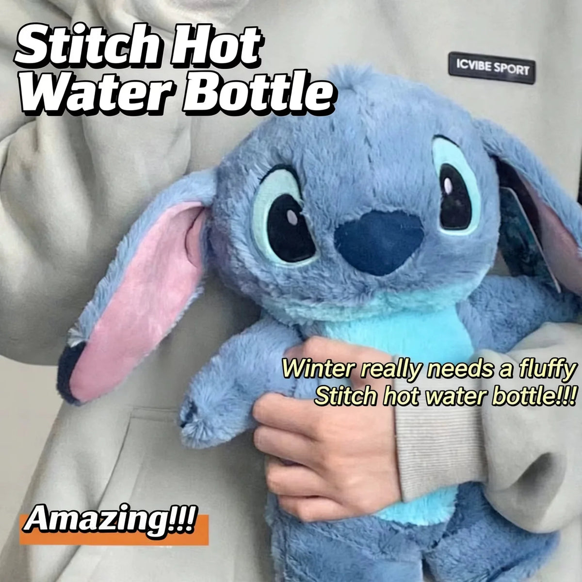 زجاجة ماء ساخن Fluffy Stitch مع غطاء قطيفة – سعة 500 مل، تدفئة لطيفة وعلاج حراري ومدفأة لليدين