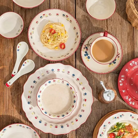Solecasa Pastoral Style Ceramic Tableware – Elegant Floral Rice & Soup Bowls – Hand-Painted Fruit Salad & Pasta Plates – Aesthetic Table Decoration (Multiple Sizes)