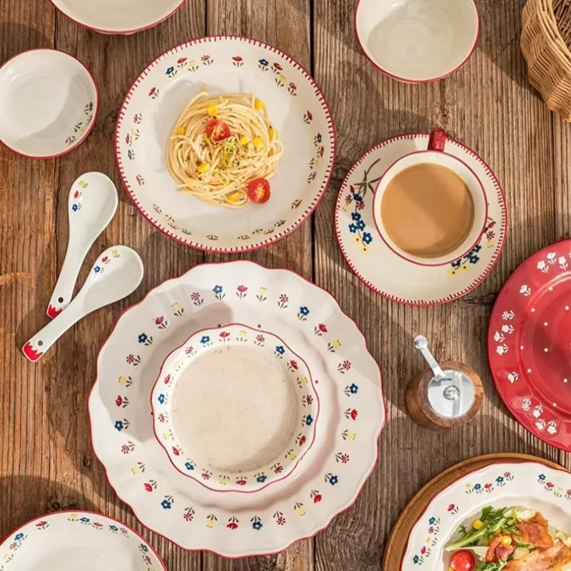 Vaisselle en céramique Solécasa style pastoral – Bols à riz et à soupe floraux élégants – Assiettes à salade de fruits et à pâtes peintes à la main – Décoration de table esthétique (plusieurs tailles)