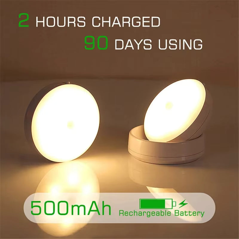 Veilleuse LED à détecteur de mouvement – Lampe à induction intelligente rechargeable par USB – Éclairage sans fil sous meuble et armoire (lumière blanche/chaude)
