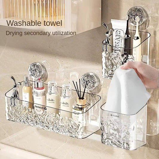 Light Glacier Pattern Shower Suction Cup Shelf – One-Second Installation Bathroom Basket – Rotating Vacuum Suction Storage Organizer (Small & Large)