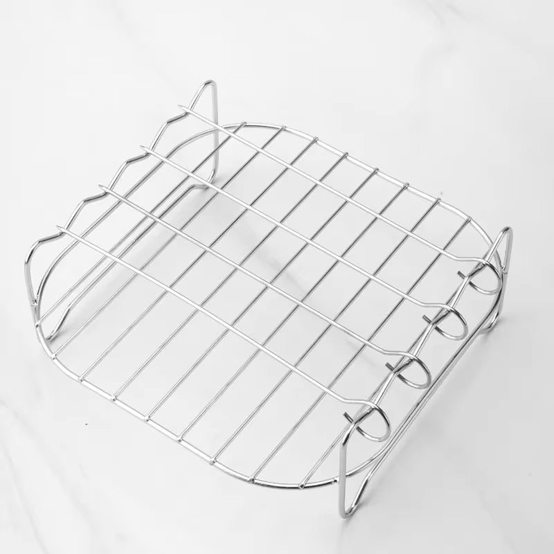 [17cm x 17cm x 7cm] Kit de grille carrée polyvalente pour friteuse à air – Support de barbecue en acier inoxydable avec brochettes – Grille polyvalente pour cuiseur vapeur et déshydrateur pour barbecue extérieur et cuisine