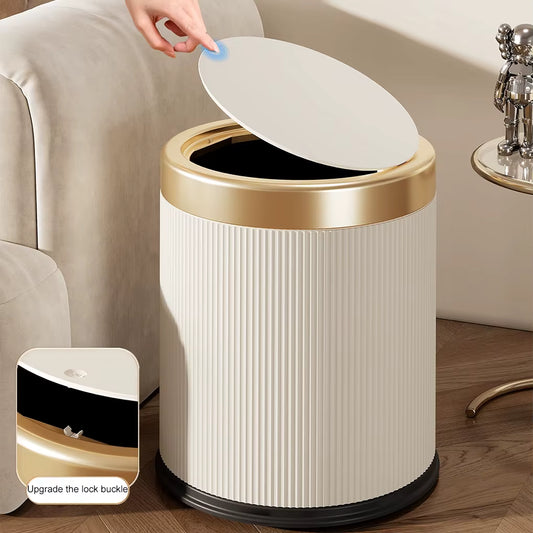 Retro Luxury Step Trash Can –12L Soft-Close Garbage Bin with Gold Trim – Vintage Style Plastic Wastebasket with Pressure Ring for Bathroom & Bedroom (White/Black)