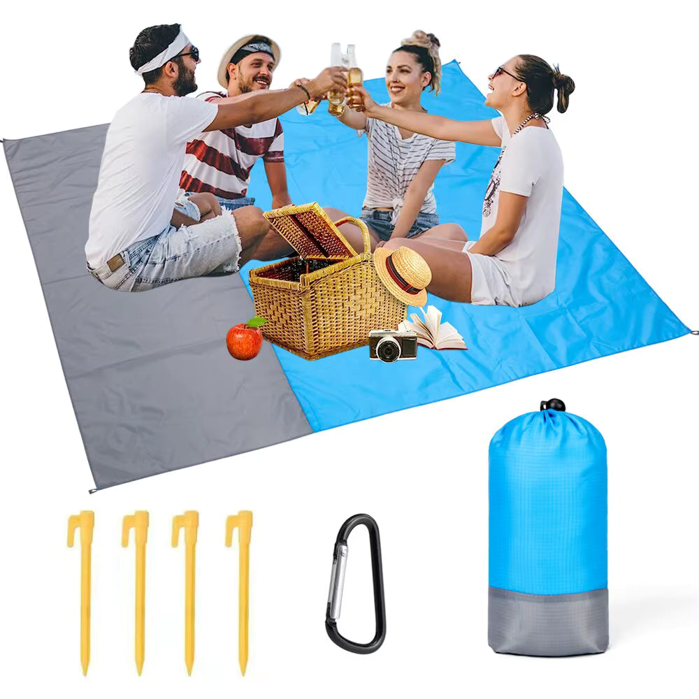 [140*200CM] Sandproof Beach Blanket – Waterproof Quick-Drying Outdoor Picnic Mat – Multiple Sizes with 4 Anchoring Stakes for Travel, Camping, & Hiking (Blue/Green/Orange/Pink)