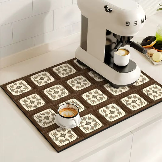 (40*50CM) Retro Coffee Machine Mat – Super Absorbent Dish Drying Pad – Non-Slip Rubber Drainage Mat – Quick-Dry Cutlery Placemat for Kitchen Counters (Dishwasher Safe)