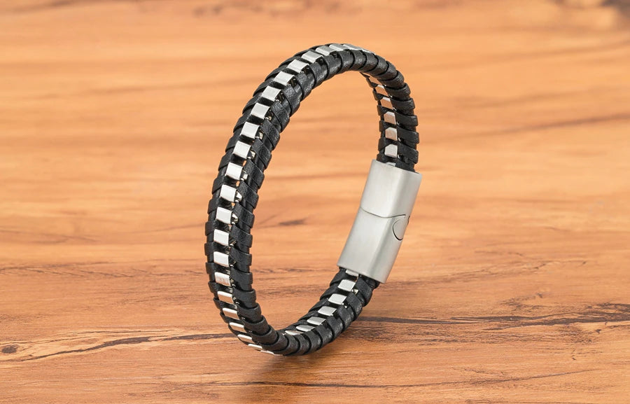 Bracelet homme en cuir noir tressé (EGBT108)