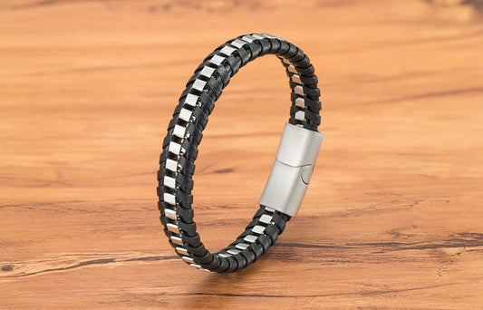 Braided Rope Woven Black Leather Men Bracelet (EGBT108)