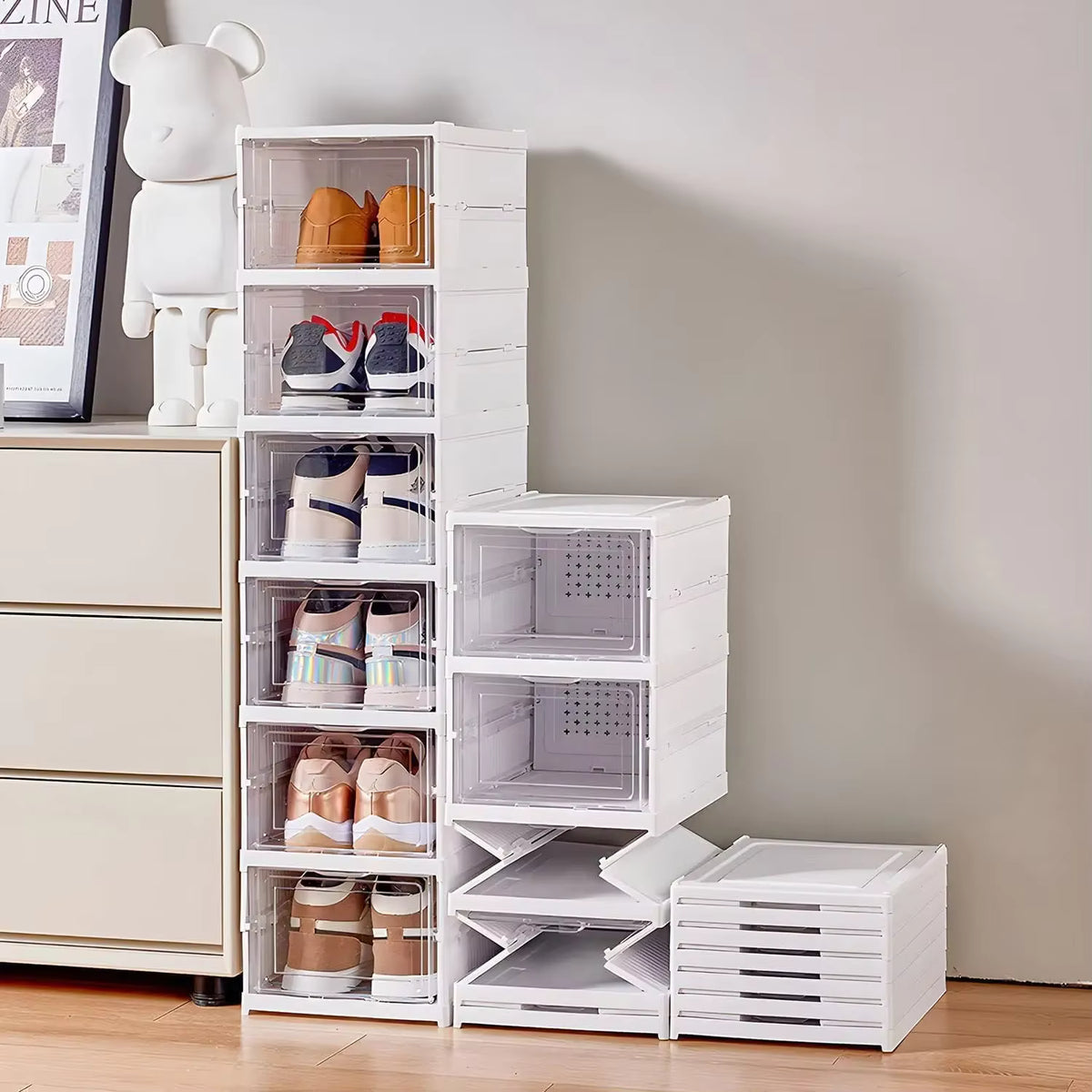 Boîte de rangement à chaussures pliable à 3/6 niveaux – Organisateur de baskets transparent et empilable – Armoire à chaussures pliable et étagère anti-poussière