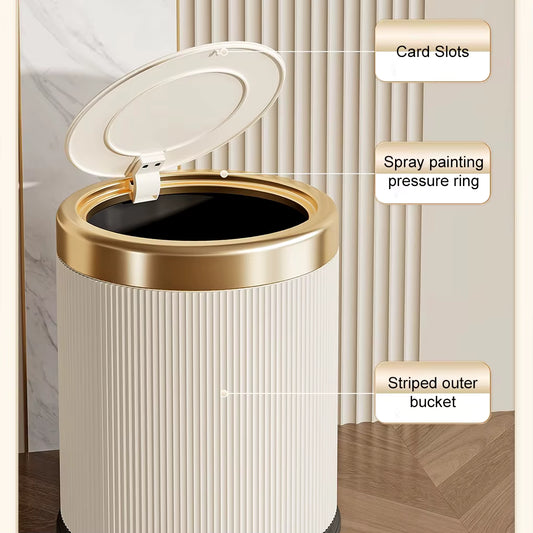 Retro Luxury Step Trash Can –12L Soft-Close Garbage Bin with Gold Trim – Vintage Style Plastic Wastebasket with Pressure Ring for Bathroom & Bedroom (White/Black)