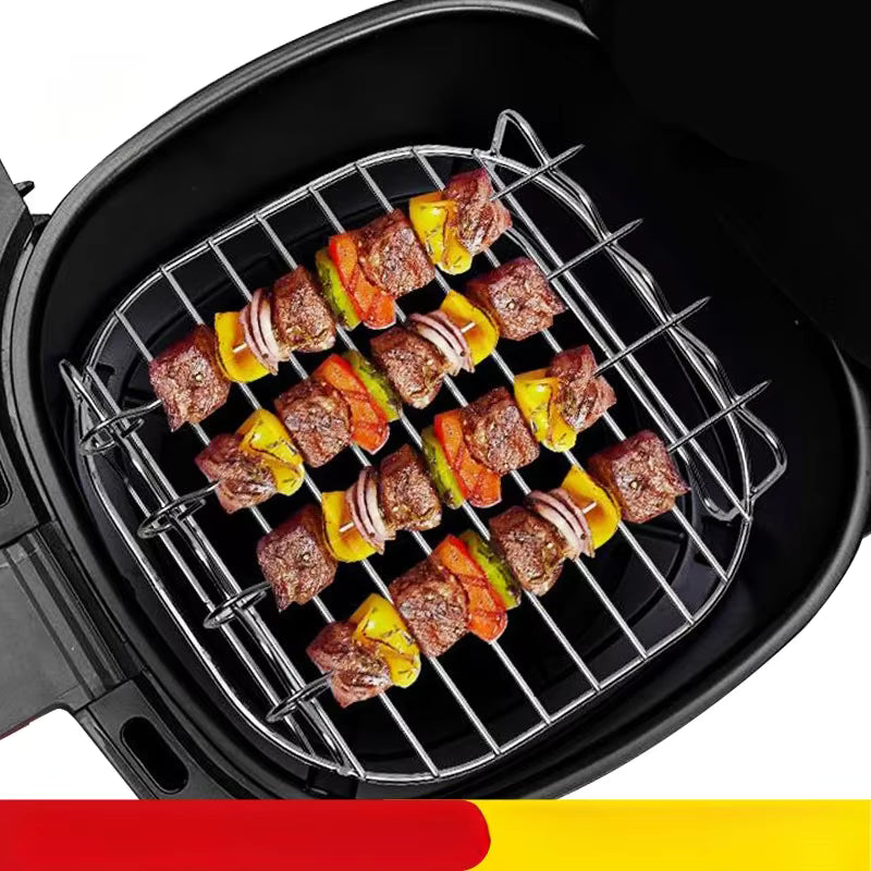 [17cm x 17cm x 7cm] Kit de grille carrée polyvalente pour friteuse à air – Support de barbecue en acier inoxydable avec brochettes – Grille polyvalente pour cuiseur vapeur et déshydrateur pour barbecue extérieur et cuisine