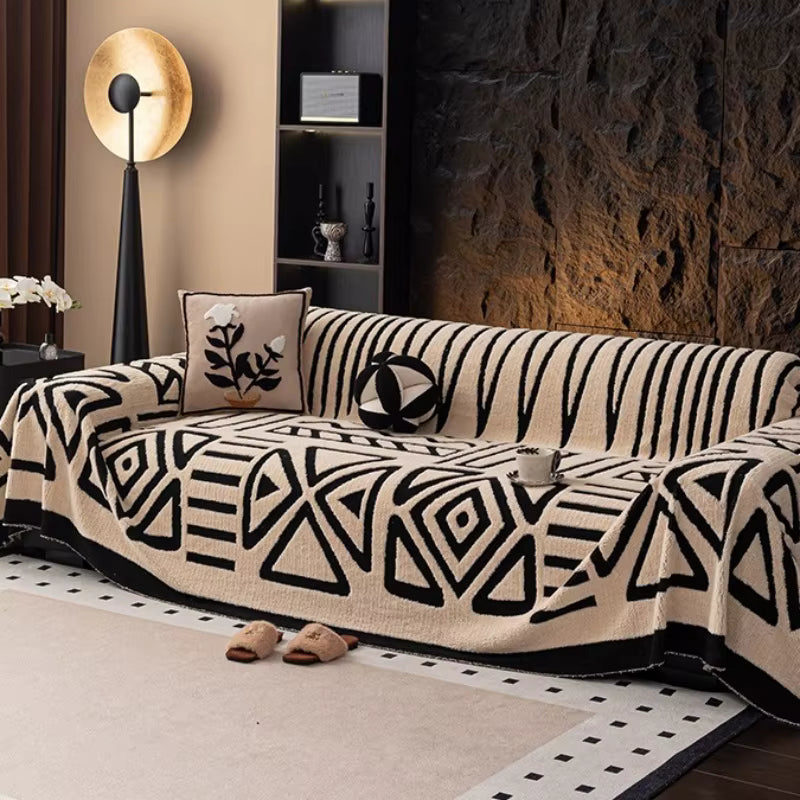 Bohemian Vintage Sofa Protector – Luxurious Interlaced Sofa Blanket – Anti-Slip Pet-Friendly Couch Cover (Dark Gray/White/Light Gray)