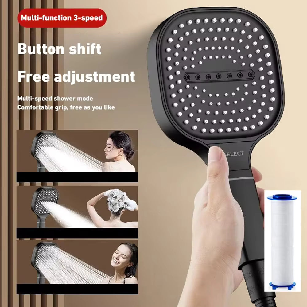 Pommeau de douche haute pression 3 modes – Pulvérisateur de massage réglable et économique en eau – Douchette universelle murale pour salle de bain (noir/argent)