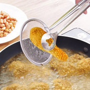 Cuillère-passoire 2-en-1 avec pince – Écumoire de friture et pince alimentaire en acier inoxydable pour la cuisine