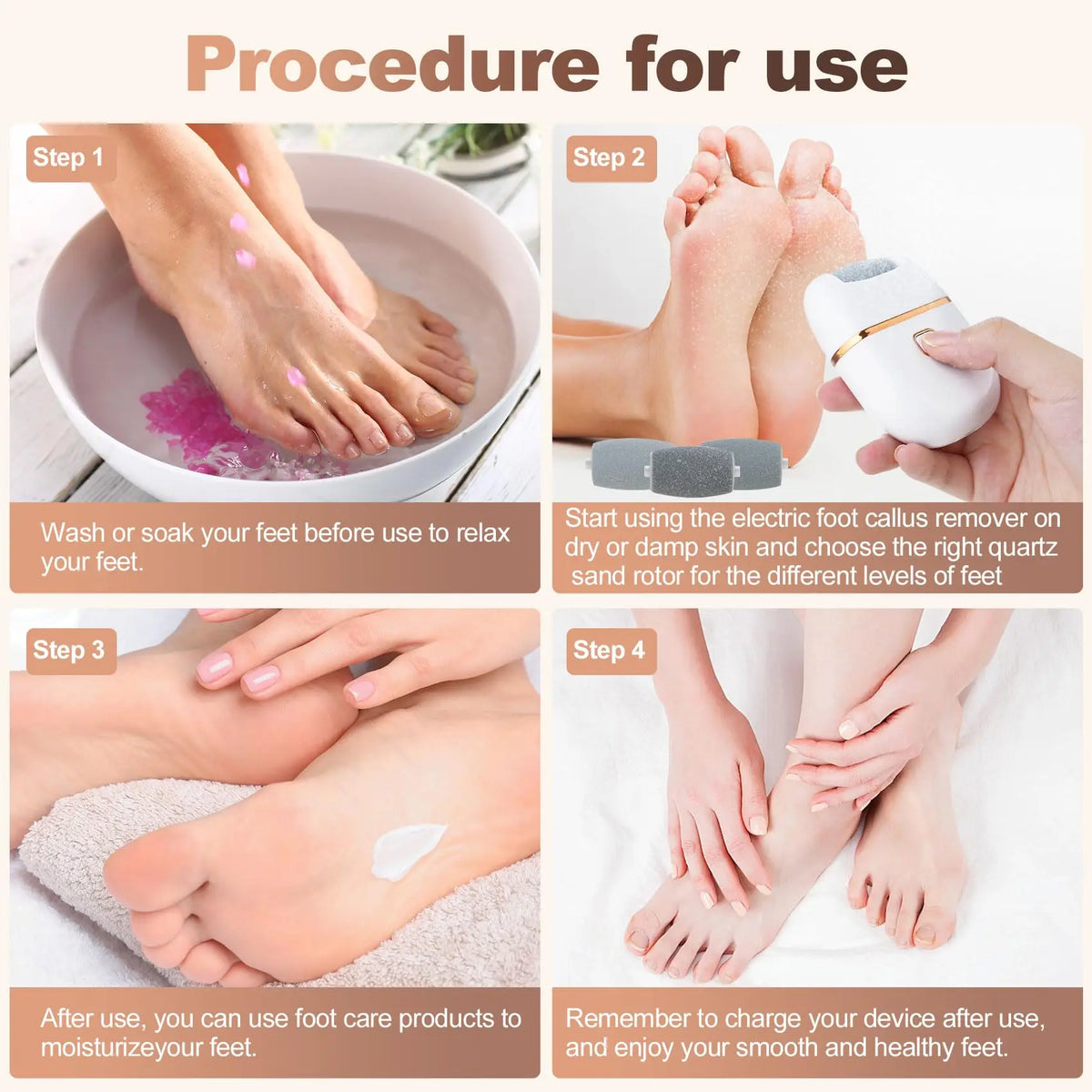 Electric Foot File & Callus Remover – Rechargeable Pedicure Tool with 2 Speeds & 3 Roller Heads for Smooth Feet