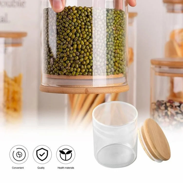 Bocal de conservation en verre de 700 ml avec couvercle en bambou – Récipient de cuisine hermétique pour bonbons, snacks et aliments secs (10 x 12 cm)