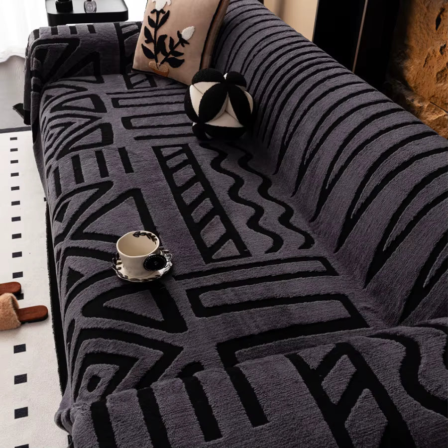 Bohemian Vintage Sofa Protector – Luxurious Interlaced Sofa Blanket – Anti-Slip Pet-Friendly Couch Cover (Dark Gray/White/Light Gray)