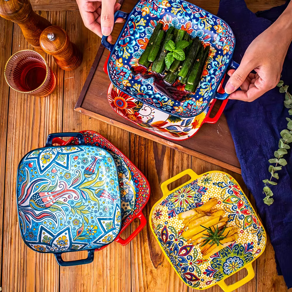 9-Inch Bohemian Style Ceramic Salad Plate - Double Ear Pasta Dish for Oven and Microwave