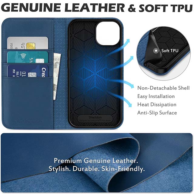 SHIELDON Genuine Leather Wallet Case for iPhone 13 – RFID Blocking Folio with Card Slots, Magnetic Closure, TPU Shockproof &amp; Kickstand Flip Cover (Black, 5G 2021)