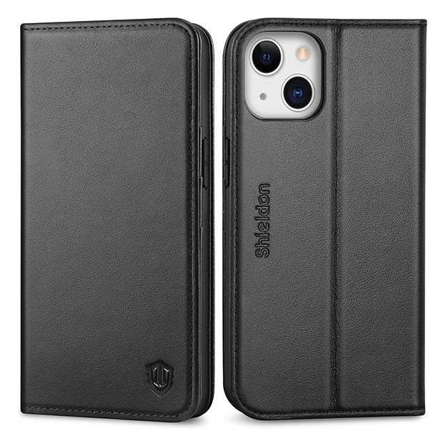 SHIELDON Genuine Leather Wallet Case for iPhone 13 – RFID Blocking Folio with Card Slots, Magnetic Closure, TPU Shockproof &amp; Kickstand Flip Cover (Black, 5G 2021)