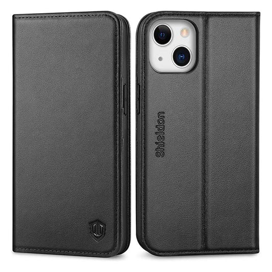 SHIELDON Genuine Leather Wallet Case for iPhone 13 – RFID Blocking Folio with Card Slots, Magnetic Closure, TPU Shockproof &amp; Kickstand Flip Cover (Black, 5G 2021)