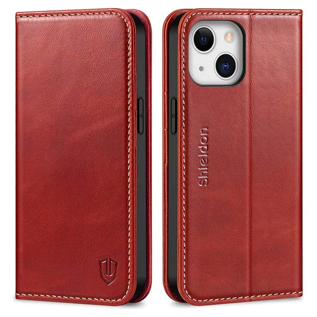 SHIELDON Genuine Leather Wallet Case for iPhone 13 – RFID Blocking Folio with Card Slots, Magnetic Closure, TPU Shockproof &amp; Kickstand Flip Cover (Red, 5G 2021)