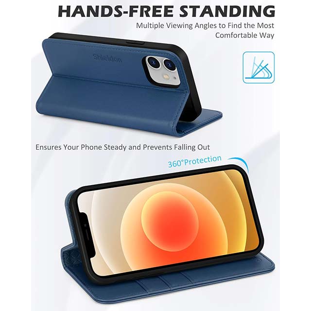 SHIELDON Genuine Leather iPhone 12/12 Pro Case – Folio Wallet with Magnetic Kickstand, RFID Blocking Card Slots &amp; Shockproof Cover (Royal Blue, 6.1”)