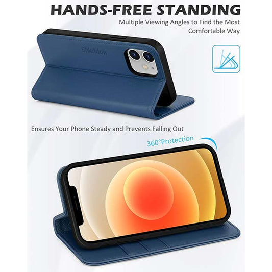 SHIELDON Genuine Leather iPhone 12/12 Pro Case – Folio Wallet with Magnetic Kickstand, RFID Blocking Card Slots &amp; Shockproof Cover (Royal Blue, 6.1”)