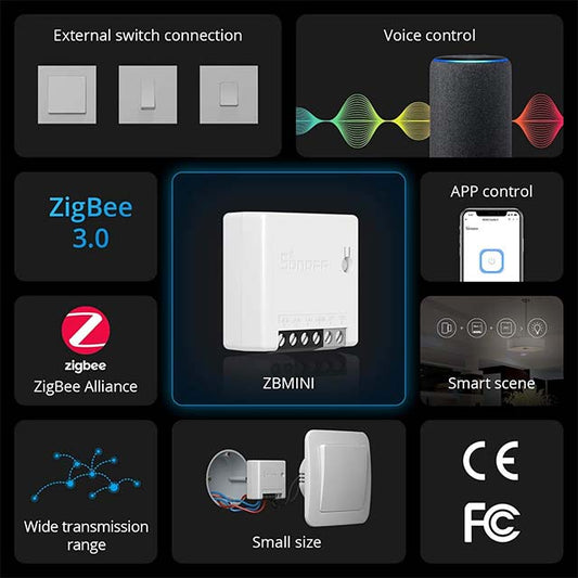 SONOFF ZBMINI ZigBee MINI Smart Switch, 2-Way Light Switch, Compatible with Alexa, SmartThings Hub, Philips Hue Bridge, Google Home, SONOFF ZBBridge, ZigBee 3.0 Gateway Hub Required, 10A/2200W