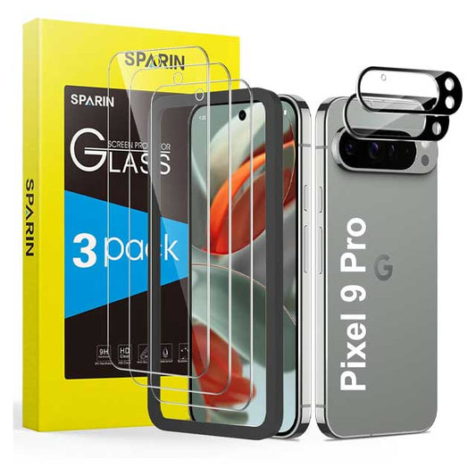SPARIN Premium 5-Pack Tempered Glass Screen Protectors with 9H Hardness, Camera Protection &amp; Mounting Frame (3+2 Kit)