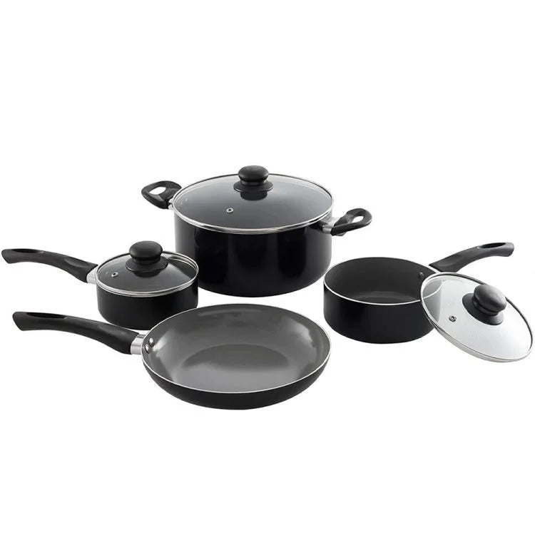 Batterie de cuisine 7 pièces en aluminium antiadhésif – Casseroles, faitouts et poêle avec couvercles en verre