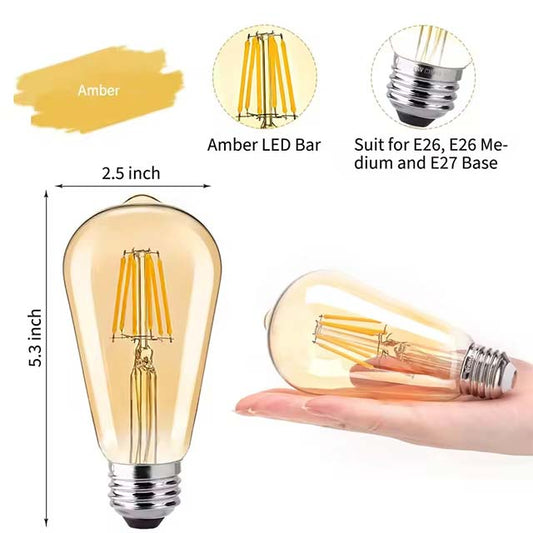 ST64 Dimmable LED Filament Bulb – Vintage Edison Amber Glass, 6W E27 220V, 2200K Warm Light, Energy-Saving Decorative LED Lamp